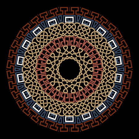 Beautiful round mandala pattern. Ornamental greek and celtic style vector background. Colorful ornaments. Tribal ethnic floral backdrop. Greek key, meanders, frames, celtic knots, borders. Rosette.のイラスト素材