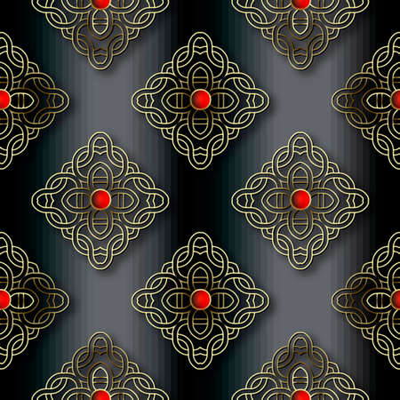 Modern floral 3d seamless pattern. Striped black halftone background. Vector half tone textured backdrop. Red 3d buttons. Vintage lines flowers. Luxury gold line art ornaments. Ornate endless texture.のイラスト素材