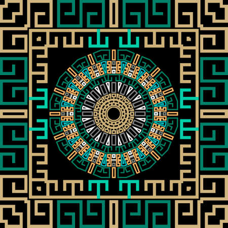 Colorful tribal ethnic seamless pattern. Square frames. Round mandalas. Vector plaid tartan background. Greek key, meanders. Greece borders, frames, symbols. Abstract geometric traditional ornaments.のイラスト素材