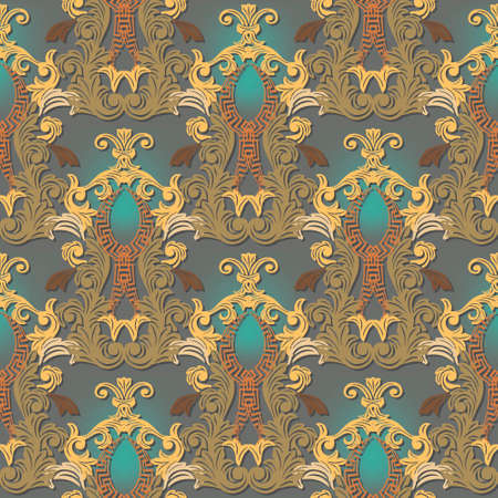 Baroque 3d seamless pattern. Greek style luxury background. Repeat ornate vector backdrop. Vintage flowers, leaves. Colorful beautiful ornament with greek key, meanders. For wallpapers, fabric, printsのイラスト素材