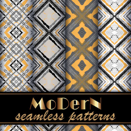 Modern geometric seamless patterns set. Vector geometrical striped backgrounds. Repeat trendy Deco backdrops. Grunge textured dirty ornaments with stripes, rhombus, shapes, lines. Patterns collection.のイラスト素材