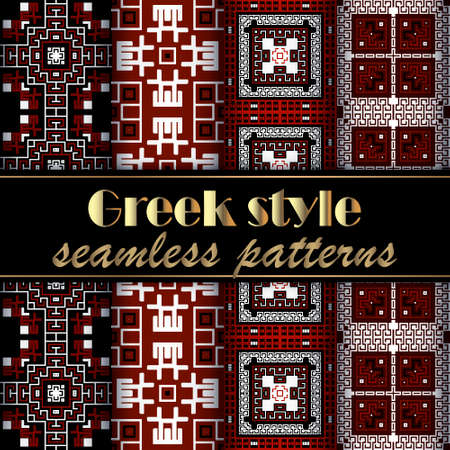 Greek style plaid tartan seamless patterns set. Vector elegant backgrounds. Repeat Deco backdrop. Patterns collection. Geometric colorful ornaments. Modern abstract design in black red white colors.のイラスト素材