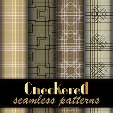 Checkered plaid tartan seamless patterns set. Line art grid backgrounds. Geometric lattice modern ornaments. Tribal ethnic repeat vector backdrop. Stripes, lines, squares, rhombus. Petterns collectionのイラスト素材