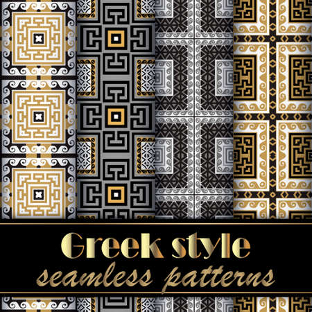 Greek style plaid tartan seamless patterns set. Vector backgrounds. Repeat Deco backdrop. Patterns collection. Geometric colorful ornaments. Modern abstract design in black white gray yellow colors.のイラスト素材