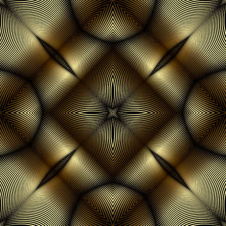 Gold floral lines 3d seamless pattern. Warped lines surface 3d background. Golden flowers. Repeat geometric backdrop. Modern line art Deco ornament. Luxury ornamental design. Endless texture. Clipart.のイラスト素材