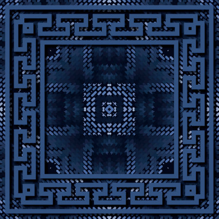 Halftone blue mural seamless pattern. Greek square frame. Textured moire vector background. Repeat...