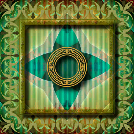 Colorful floral 3d greek seamless pattern with square frame. Borders. Textured moire green background. Repeat striped backdrop. Abstract modern ornament. Greek key meander frame with flowers, borders.のイラスト素材