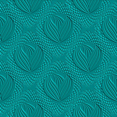Embossed floral 3d seamless pattern. Emboss surface turquoise color background. Repeat relief flowers ornament. Abstract textured backdrop. Embossing texture. Vintage ornaments with 3d lotus flowers.のイラスト素材