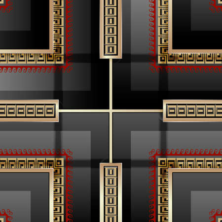 Greek 3d gold seamless pattern. Vector ornamental geometric background. Repeat checkered backdrop. Greek key meanders ornament with red waves, lines, squares, crosses, borders, frames. Luxury design.のイラスト素材