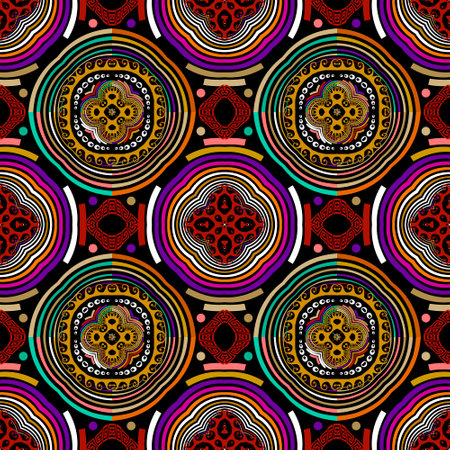 Tribal ethnic greek style seamless pattern. Vector ornamental bright background. Colorful repeat backdrop. Modern geometric ornaments with abstract flowers, shapes, wave lines, circles, stripes.のイラスト素材