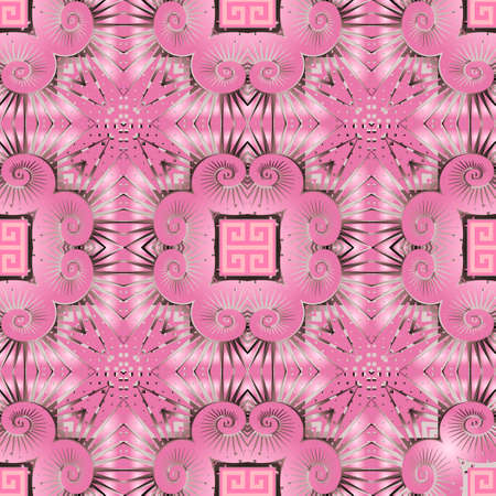 Greek seamless pattern. Vector floral pink background. Tribal ethnic style repeat backdrop. Modern...