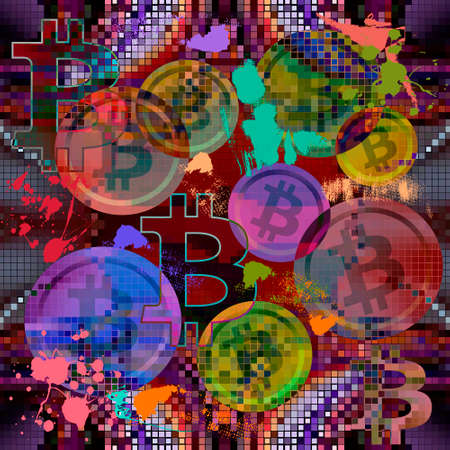 Bitcoin tokens seamless pattern. Colorful graffiti style bitcoins background. Modern textured repeat dirty backdrop. Bit coins virtual crypto ornament. Splashes, brush strockes, virtual coin symbols.のイラスト素材