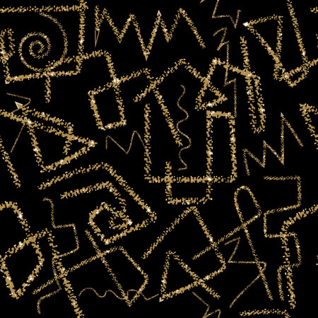 Textured grunge scribbles seamless pattern. Modern rough black and gold background. Repeat vector dirty backdrop. Hand drawn doodle graffiti style greek symbols, signs, zigzag lines. trendy ornaments.のイラスト素材