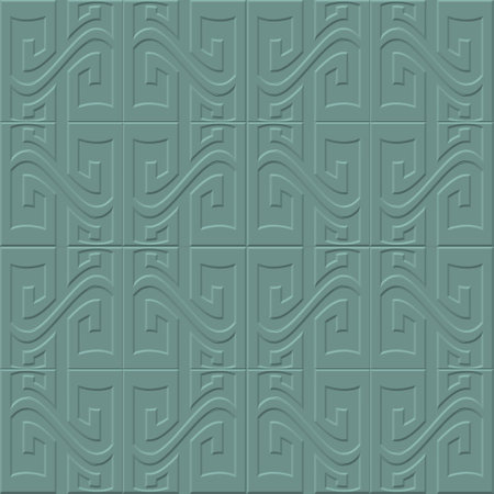 Embossed 3d seamless pattern. Emboss relief tribal ethnic style green background. Greek key meander surface greek ornament. Abstract repeat textured backdrop. Embossing endless texture. modern design.のイラスト素材