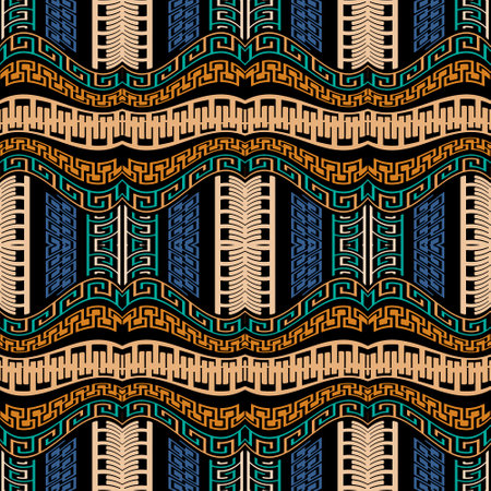 Tribal ethnic borders seamless pattern. Repeat greek patterned background. Greek key, meanders colorful abstract ornaments. Ornate modern endless texture. Trendy creative ornamental striped design.のイラスト素材