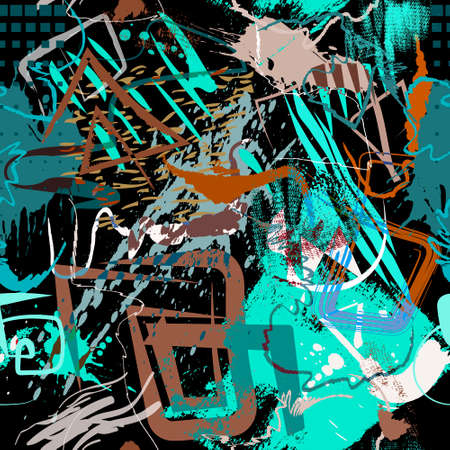 Psychedelic textured scribbles seamless pattern. Rough colorful trendy background. Repeat vector dirty backdrop. Hand drawn doodle brush strokes, lines, splashes. Abstract graffiti style ornaments.のイラスト素材