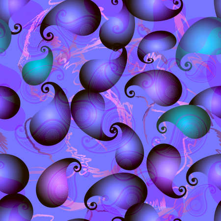 3d Paisley seamless pattern. Ornamental floral vector background in trendy very peri color of 2022. Repeat colorful backdrop in violet colors. Fantasy 3d paisley flowers ornaments. Ornate design.のイラスト素材