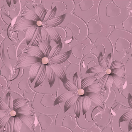 3d love hearts floral seamless pattern. Surface relief 3d flowers, leaves, pearls, love heart ornament with embossing effect. Embossed 3d background. Textured design with emboss love hearts, flowers.のイラスト素材