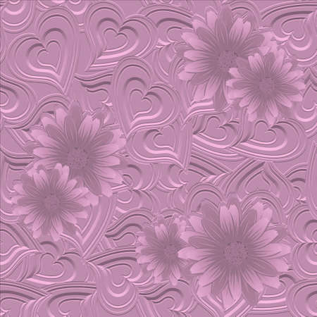 3d love hearts floral seamless pattern. Surface relief 3d love ornaments with embossing effect. Embossed 3d background. Textured design with emboss love hearts, flowers. Vector ornate endless texture.のイラスト素材