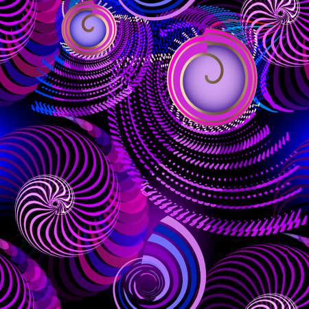Fractals seamless pattern. Futuristic fantasy ornate vector background. Repeat trendy glowing backdrop in violet blue colors. Spiral shapes, lines. fractal ornaments. Geometric modern abstract design.のイラスト素材
