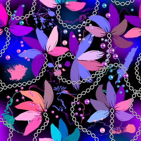 Beautiful floral 3d seamless pattern. Colorful trendy glowing flowery background. Hand drawn flowers with chains, beads. Abstract repeat textured flowers ornament in violet colors. Dirty texture.のイラスト素材