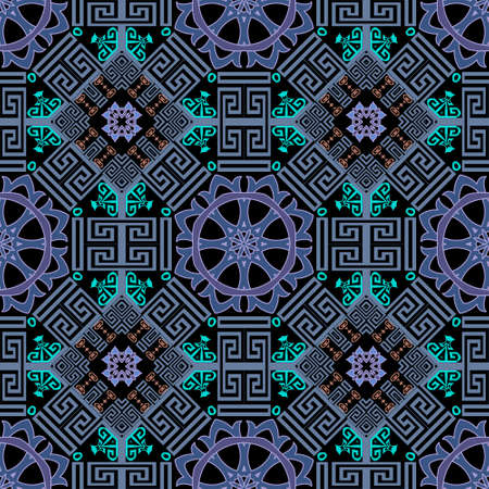 Colorful tribal ethnic seamless pattern. Floral ornamental abstract vector background. Greek key meander ornaments. Decorative ornate geometric design. Repeat backdrop. Round mandalas, flowers, shapesのイラスト素材