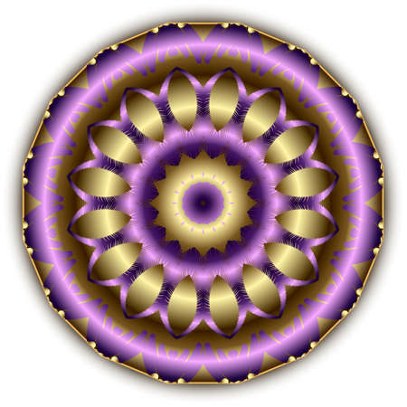 Embroidery floral 3d mandala pattern. Violet and gold tapestry ornaments. decorative textured background. Embroidered beautiful flower ornament. Grunge shapes, circles, flowers. Zigzag lines, hatches.のイラスト素材