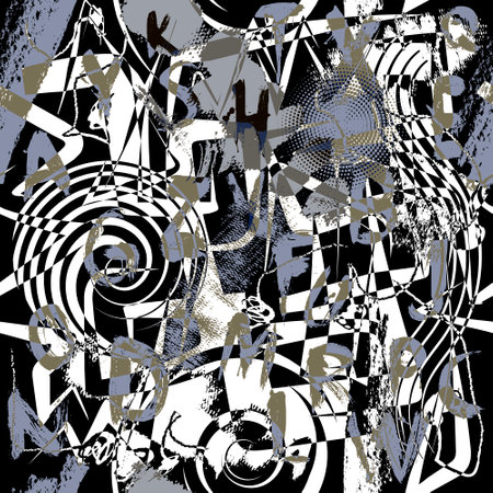Textured graffiti style abc seamless pattern. Dirty brush strokes. Grunge background. Doodle letters. Repeat modern rough backdrop. Trendy abstract design. Geometric shapes, stripes, spirals, circles.のイラスト素材