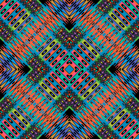 Tribal ethnic bright colorful seamless pattern. Geometric ornamental folkloric vector background. Folk style repeat decorative backdrop. Abstract modern rhombus ornaments. For prints, wrappng, cover.のイラスト素材