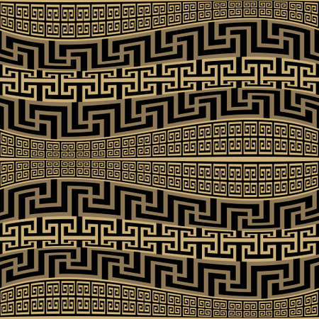 Wavy Borders. Greek seamless pattern. Ornamental border background. Repeat modern ornament. Tribal ethnic style design. Abstract patterned ornate backdrop. Greek key, meanders, waves, stripes, shapes.のイラスト素材