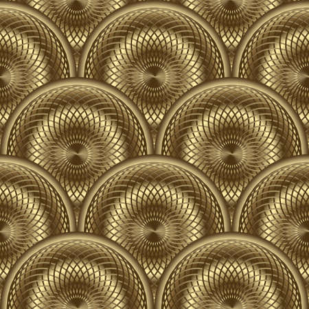 Gold 3d fractals seamless pattern. Round grid mandalas 3d background. Surface repeat vector backdrop. Tiled golden 3d fractals. Grid radial lines fractal ornaments. Geometric luxury endless texture.のイラスト素材