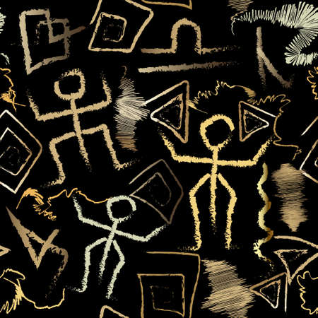 Doodle ancient greek african egyptian art style seamless pattern. Ornamental tribal ethnic grunge vector background. Gold and black repeat backdrop. Hand drawn doodle peoples, symbols, signs ornamentsのイラスト素材