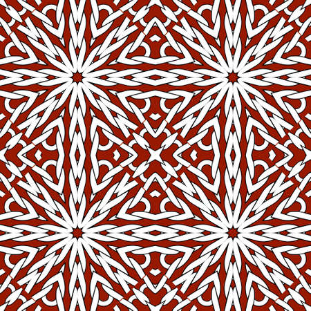 Knitted seamless pattern. Knit ornamental vector red background. Repeat knitting style floral backdrop. Textured radial ornament with lines, flowers, shapes, knits. Endless ornate texture.のイラスト素材