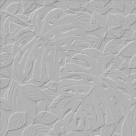Tropical 3d seamless pattern. Textured relief background. Repeat floral surface backdrop. Leafy exotic 3d ornament. Tropic plants, leaves, branches. Grunge textured modern design. Endless 3d texture.のイラスト素材
