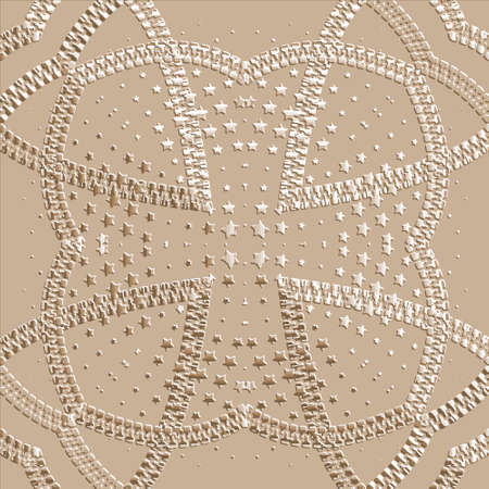 Embossed 3d zippers seamless pattern. Textured grunge beige vector background. Repeat relief backdrop. Modern surface light ornaments with zip, stars, abstract flowers. Embossing endless texture.のイラスト素材