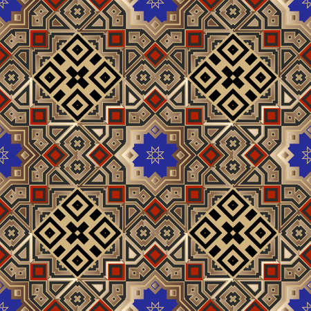 Tribal ethnic gold seamless pattern. Ornamental abstract modern vector background. Greek key meander ornament. Decorative geometric colorful design. Repeat patterned backdrop. Ornate endless texture.のイラスト素材