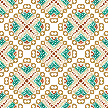 Chains tribal ethnic style seamless pattern. Vector ornamental greek background. Repeat backdrop. Geometric rhombus ornament with chain frames, zippers, meanders, dots. Isolated design on white.のイラスト素材
