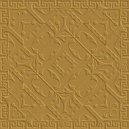 Textured 3d embossed seamless pattern. Abstract vector ornamental emboss background. Floral repeat grunge backdrop. Relief surface ornament with greek square frames, abstract flowers, shapes, circles.のイラスト素材