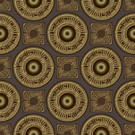 3d gold mandalas Deco seamless pattern. Ornate greek background. Ornamental repeat vector backdrop. Luxury surface gold ornaments. Abstract modern beautiful design. Greek key meanders. endless textureのイラスト素材