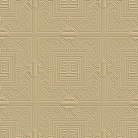3d floral textured seamless pattern. Arabesque embossed vector background. Vector repeat surface embossing backdrop. Abstract greek style relief 3d ornament. Emboss flowers, shapes, greek key meandersのイラスト素材