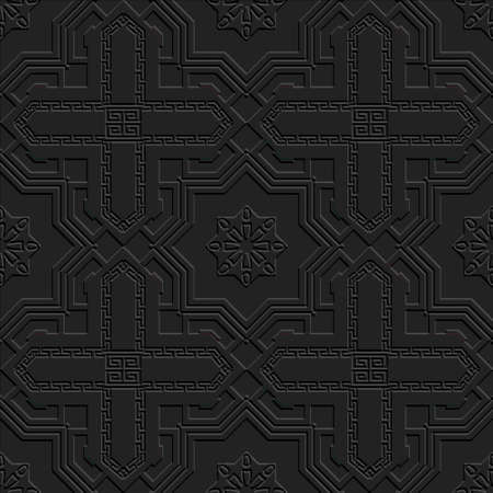 Black textured 3d vector seamless pattern. Embossed tribal ethnic style greek background. Repeat geometric surface backdrop with relief emboss crosses, stars, greek meanders. Dark black 3d ornaments.のイラスト素材
