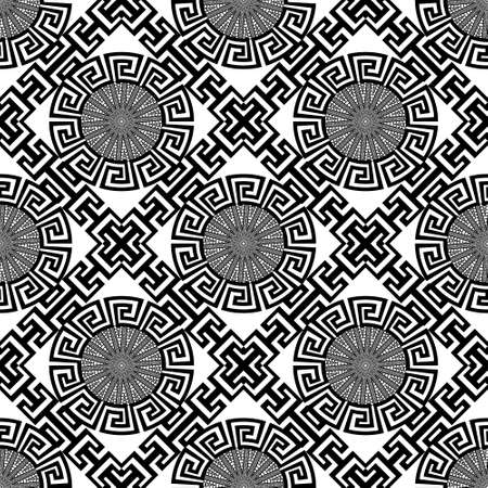 Greek tribal ethnic black and white seamless pattern. Ornamental abstract modern vector background. Greek key meanders waffle rhombus circles ornament. decorative geometric design. endless texture.のイラスト素材