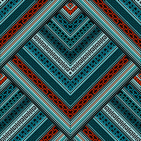 Zigzag greek borders seamless pattern. Modern colorful zig zag vector background. Striped repeat tribal ethnic chevron backdrop. Ancient border ornament. Greek key meanders, dotted lines, stripes.のイラスト素材