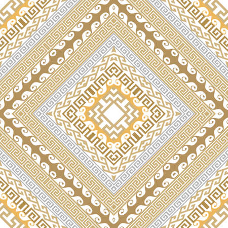 Luxury Greek rhombus frames seamless pattern. Repeat golden frames background. Greek key, meanders ethnic gold ornaments. Geometric modern design with frames, borders, rhombus. isolated on white.のイラスト素材