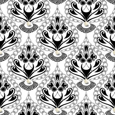 Floral black and white jewelry seamless pattern. Beautiful ornamental vector background. Vintage flowers, leaves, 3d pearls, gemstones, chains. Elegance isolated greek ornaments on white. template.のイラスト素材
