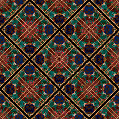 Waffle rhombus seamless pattern. Dirty colorful doodle lines abstract background. Vector repeat dark...