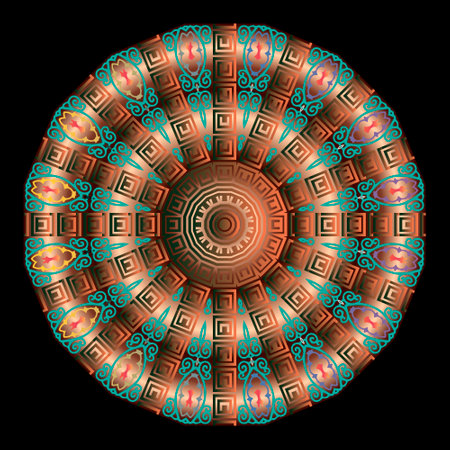 3d floral mandala. Ancient round colorful ornament. Vector meander pattern on black background. Antique mandala with flowers, greek key meanders ornaments. ornamental design. abstract surface texture.のイラスト素材