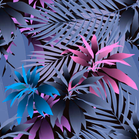 Tropical floral 3d seamless pattern. Colorful tropical plants background. Exotic beautiful orchids flowers, palm leaves in blue colors. Repeat vector backdrop. 3d decorative ornament. Endless texture.のイラスト素材