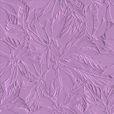 Textured emboss floral 3d seamless pattern. Surface lilac color vector background. Relief repeat flowery backdrop. Embossed flowers, leaves. Grunge endless texture with embossing effect. 3d ornaments.のイラスト素材