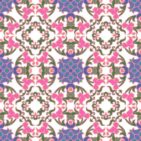 Floral beautiful seamless pattern. Vector ornamental arabesque background. Colorful vintage flowers ornament on white background. Repeat patterned backdrop. Isolated design on white. endless texture.のイラスト素材